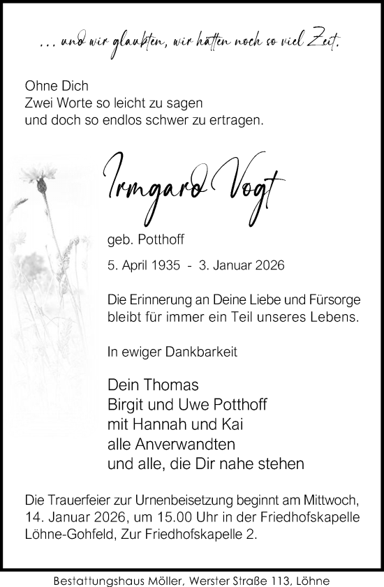 Traueranzeige von Irmgard Vogt von Neue Westfälische und Westfalen-Blatt