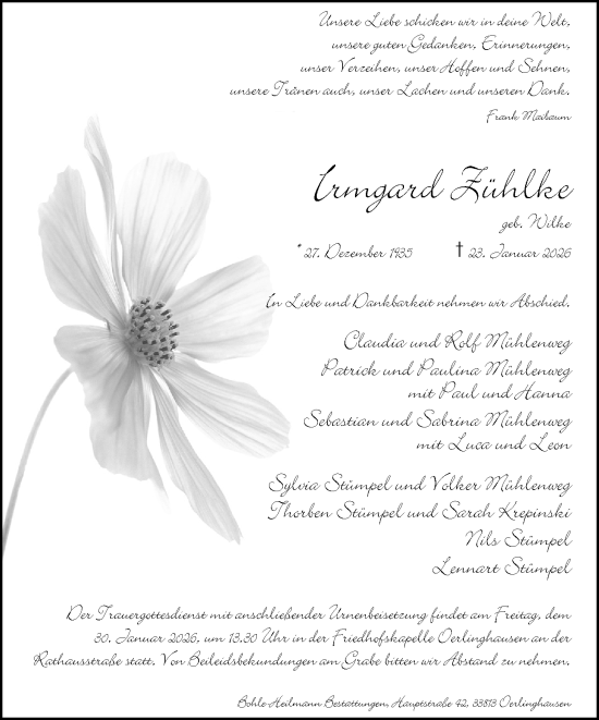 Traueranzeige von Irmgard Zühlke von Neue Westfälische und Westfalen-Blatt