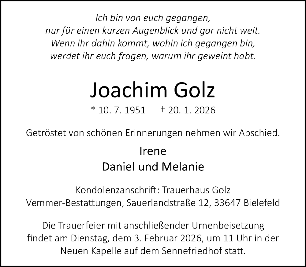 Traueranzeige für Joachim Golz vom 24.01.2026 aus Neue Westfälische und Westfalen-Blatt