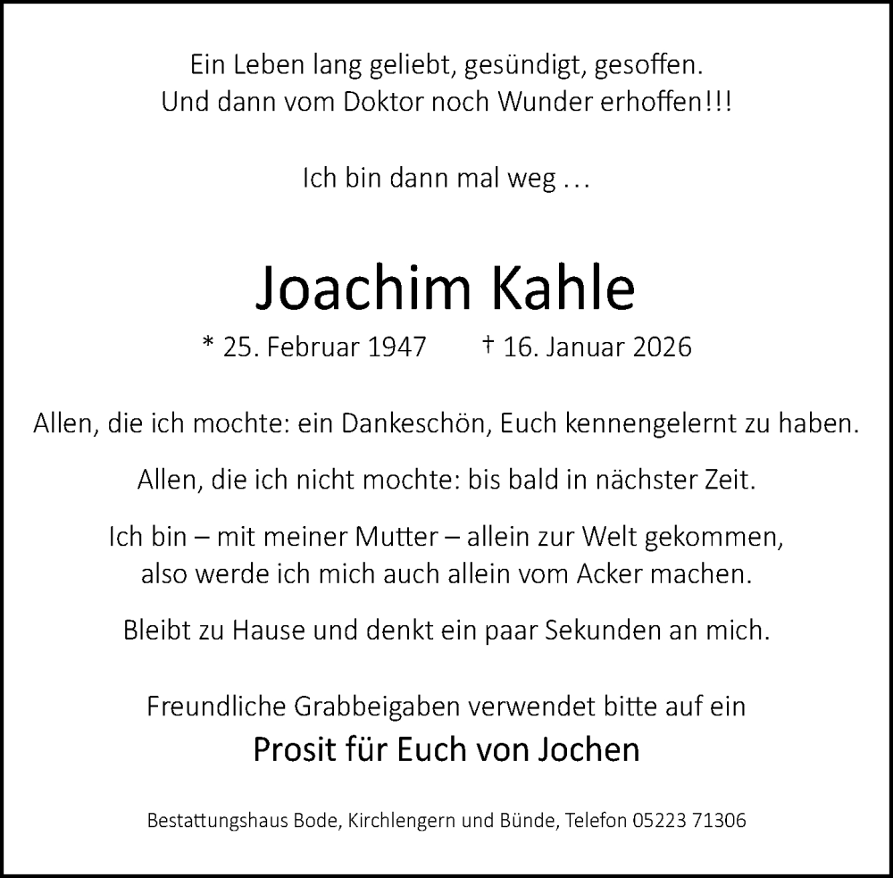  Traueranzeige für Joachim Kahle vom 24.01.2026 aus Neue Westfälische und Westfalen-Blatt