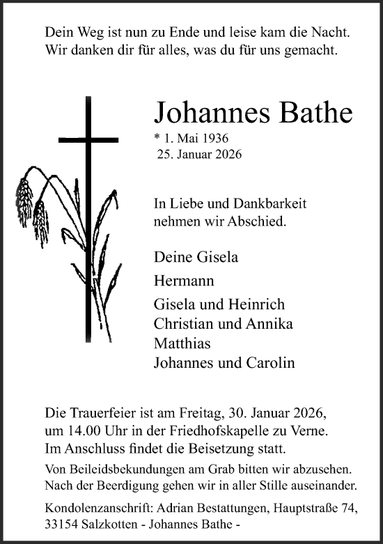 Traueranzeige von Johannes Bathe von Neue Westfälische und Westfalen-Blatt