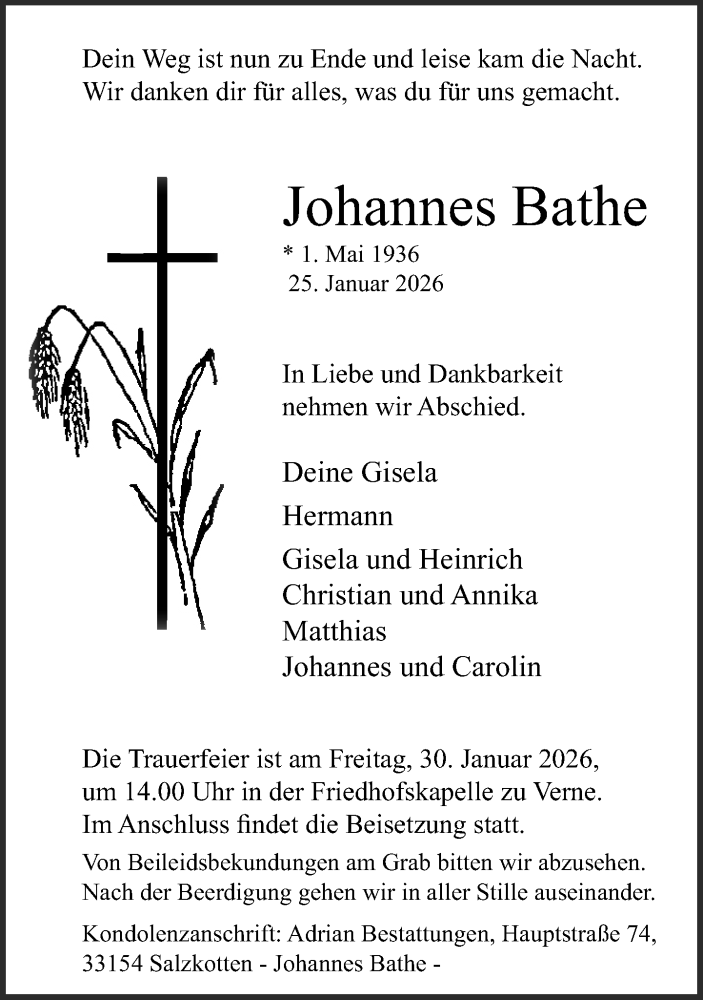  Traueranzeige für Johannes Bathe vom 28.01.2026 aus Neue Westfälische und Westfalen-Blatt