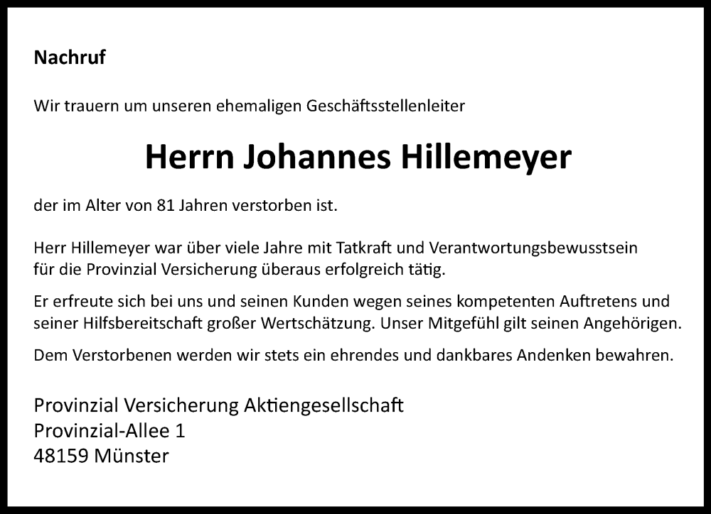  Traueranzeige für Johannes Hillemeyer vom 17.01.2026 aus Neue Westfälische und Westfalen-Blatt