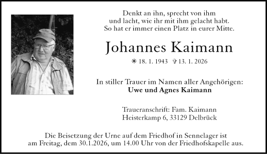 Traueranzeige von Johannes Kaimann von Neue Westfälische und Westfalen-Blatt