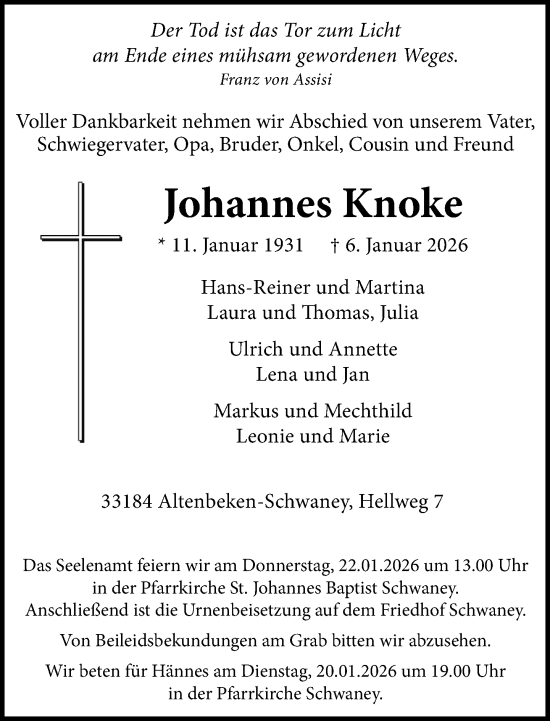 Traueranzeige von Johannes Knoke von Neue Westfälische und Westfalen-Blatt