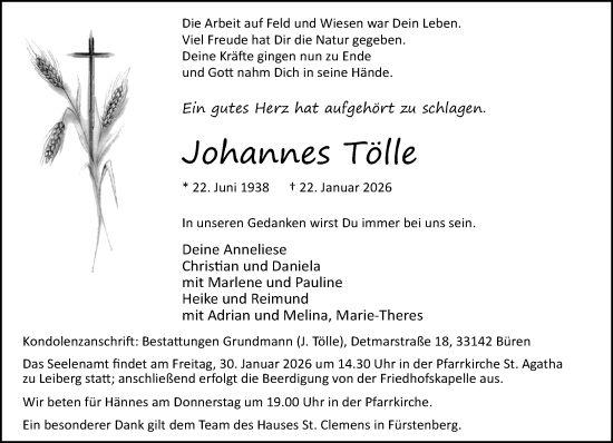 Traueranzeige von Johannes Tölle von Neue Westfälische und Westfalen-Blatt