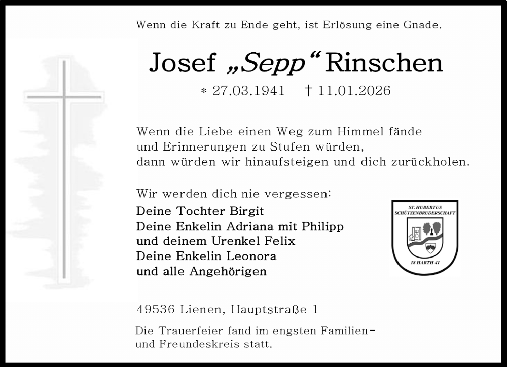  Traueranzeige für Josef Rinschen vom 31.01.2026 aus Neue Westfälische und Westfalen-Blatt