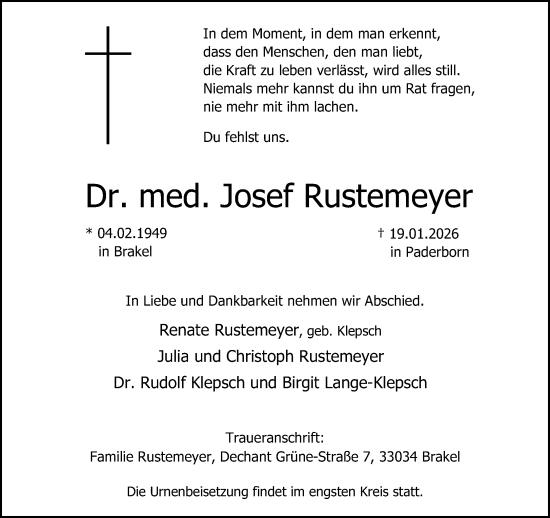 Traueranzeige von Josef Rustemeyer von Neue Westfälische und Westfalen-Blatt