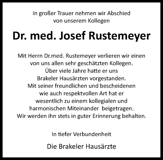 Traueranzeige von Josef Rustemeyer von Neue Westfälische und Westfalen-Blatt