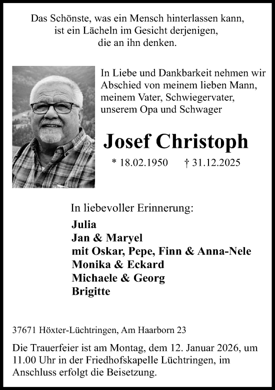 Traueranzeige von Josef Christoph  von Neue Westfälische und Westfalen-Blatt