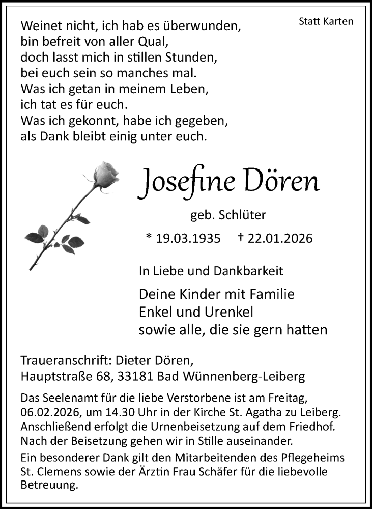  Traueranzeige für Josefine Dören vom 31.01.2026 aus Neue Westfälische und Westfalen-Blatt