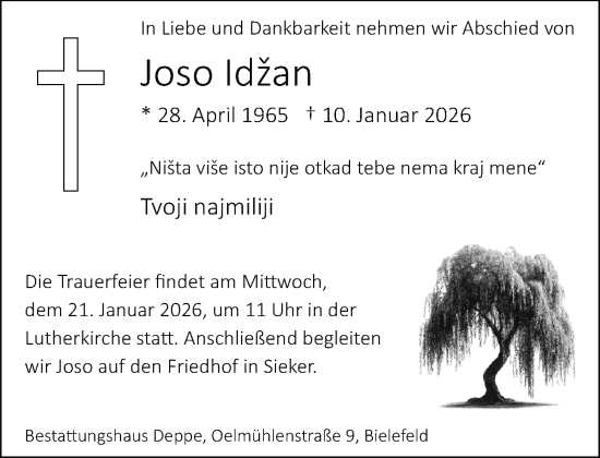 Traueranzeige von Joso Idžan von Neue Westfälische und Westfalen-Blatt