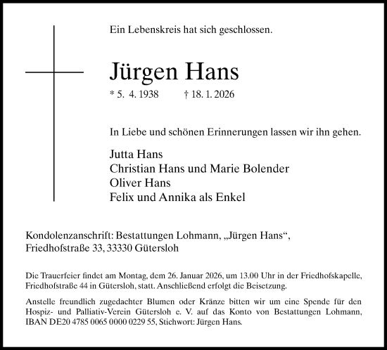Traueranzeige von Jürgen Hans von Neue Westfälische und Westfalen-Blatt