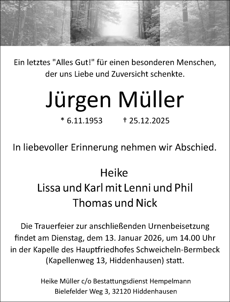  Traueranzeige für Jürgen Müller vom 03.01.2026 aus Neue Westfälische und Westfalen-Blatt