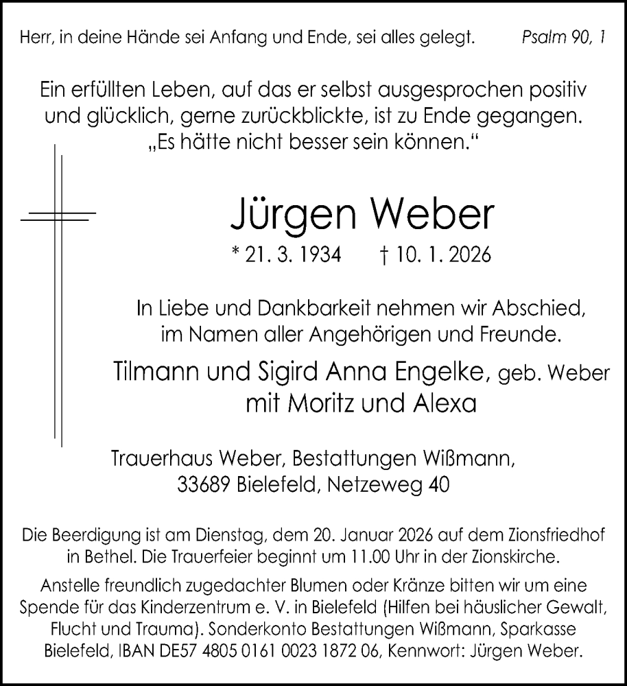 Traueranzeige für Jürgen Weber vom 20.01.2026 aus Neue Westfälische und Westfalen-Blatt