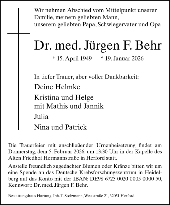 Traueranzeige von Jürgen F. Behr von Neue Westfälische und Westfalen-Blatt
