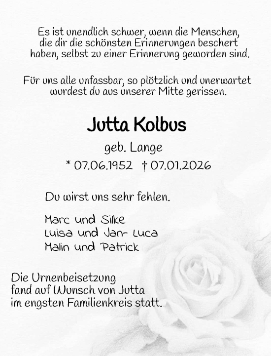 Traueranzeige von Jutta Kolbus von Neue Westfälische und Westfalen-Blatt