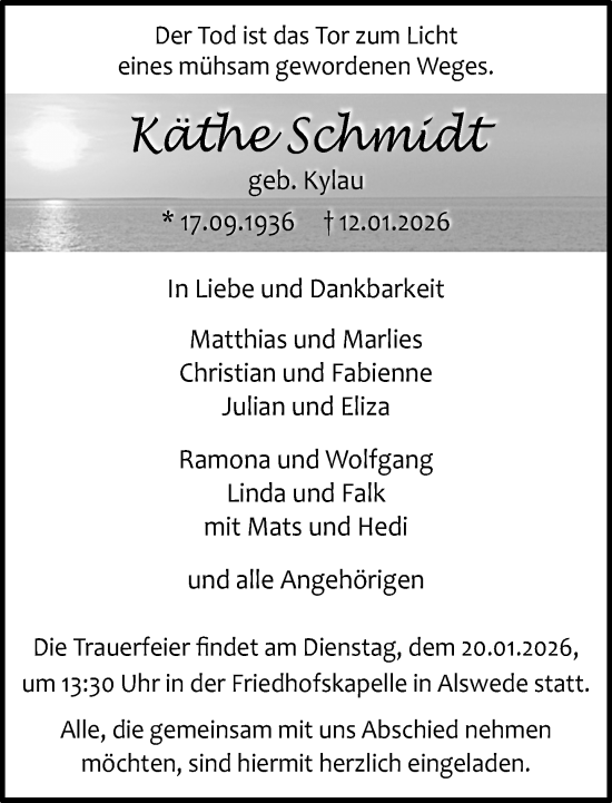 Traueranzeige von Käthe Schmidt von Neue Westfälische und Westfalen-Blatt