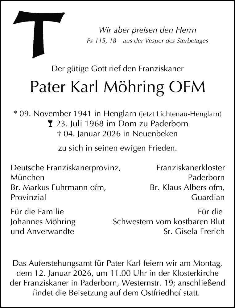  Traueranzeige für Karl Möhring vom 07.01.2026 aus Neue Westfälische und Westfalen-Blatt
