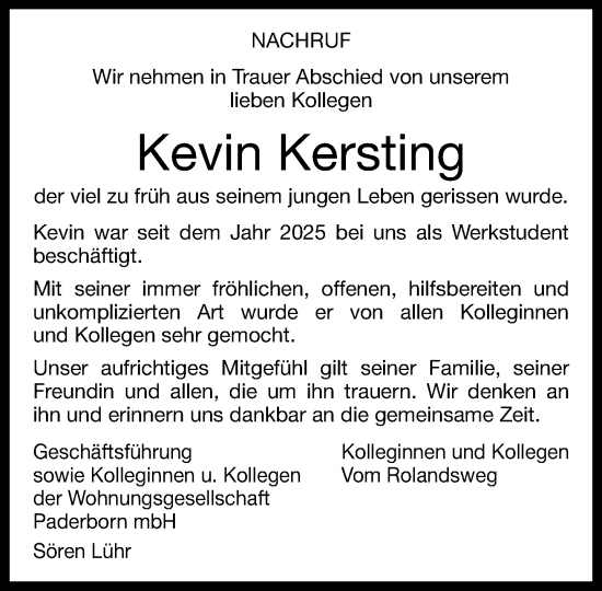 Traueranzeige von Kevin Kersting von Neue Westfälische und Westfalen-Blatt
