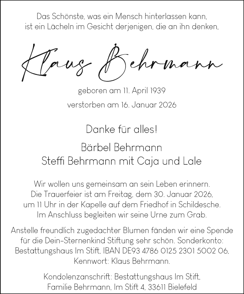  Traueranzeige für Klaus Behrmann vom 24.01.2026 aus Neue Westfälische und Westfalen-Blatt