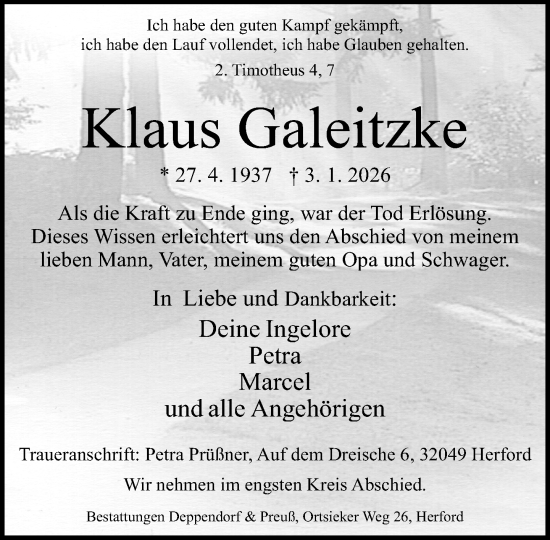 Traueranzeige von Klaus Galeitzke von Neue Westfälische und Westfalen-Blatt