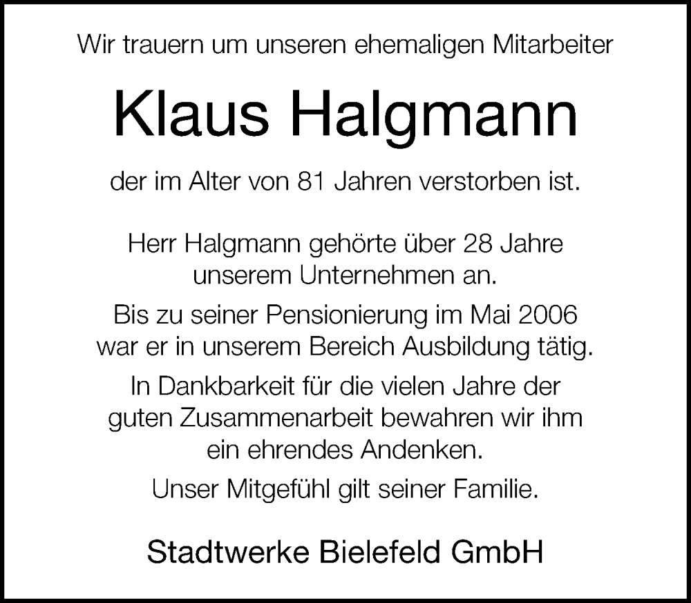  Traueranzeige für Klaus Halgmann vom 14.01.2026 aus Neue Westfälische und Westfalen-Blatt