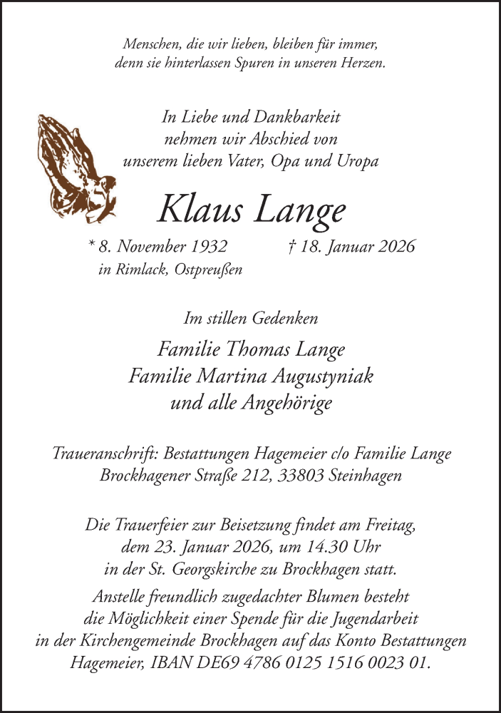  Traueranzeige für Klaus Lange vom 21.01.2026 aus Neue Westfälische und Westfalen-Blatt