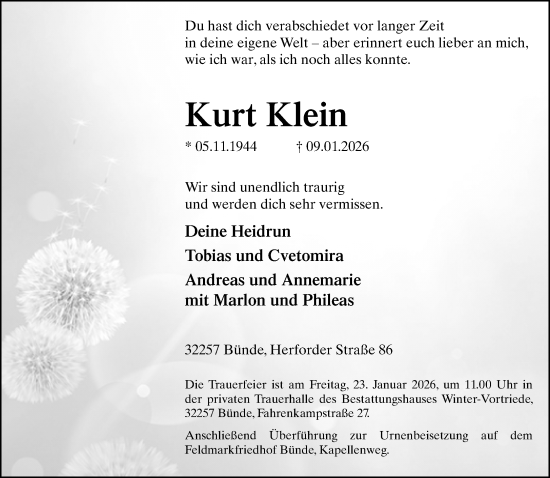 Traueranzeige von Kurt Klein von Neue Westfälische und Westfalen-Blatt