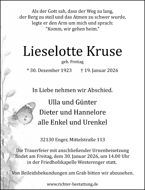 Traueranzeige von Lieselotte Kruse von Neue Westfälische und Westfalen-Blatt