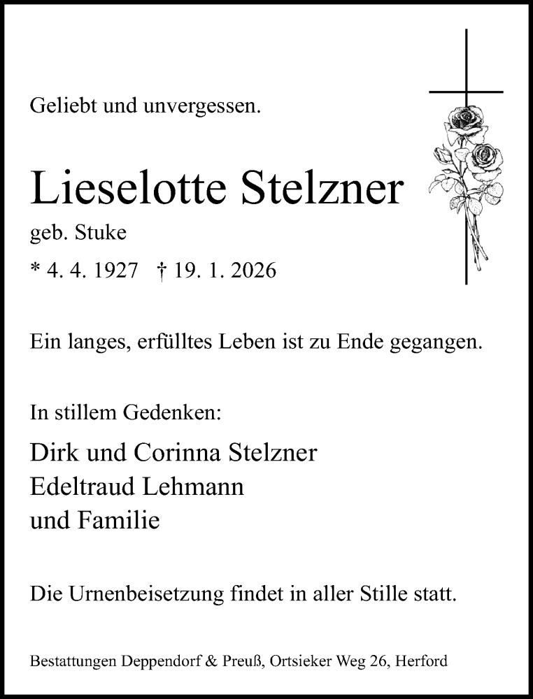  Traueranzeige für Lieselotte Stelzner vom 24.01.2026 aus Neue Westfälische und Westfalen-Blatt