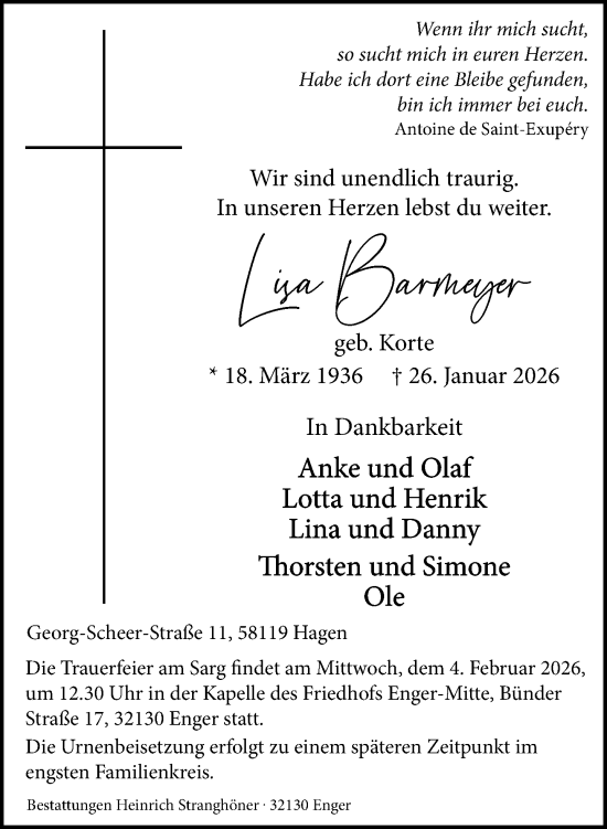 Traueranzeige von Lisa Barmeyer von Neue Westfälische und Westfalen-Blatt