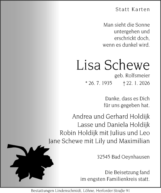 Traueranzeige von Lisa Schewe von Neue Westfälische und Westfalen-Blatt