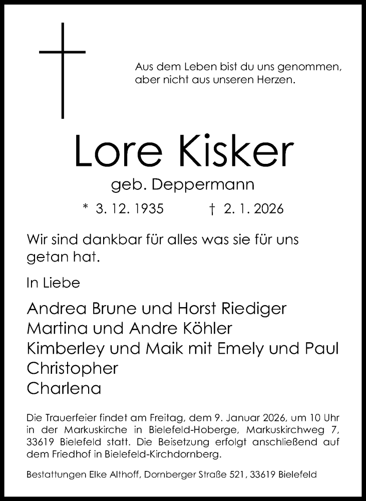  Traueranzeige für Lore Kisker vom 07.01.2026 aus Neue Westfälische und Westfalen-Blatt