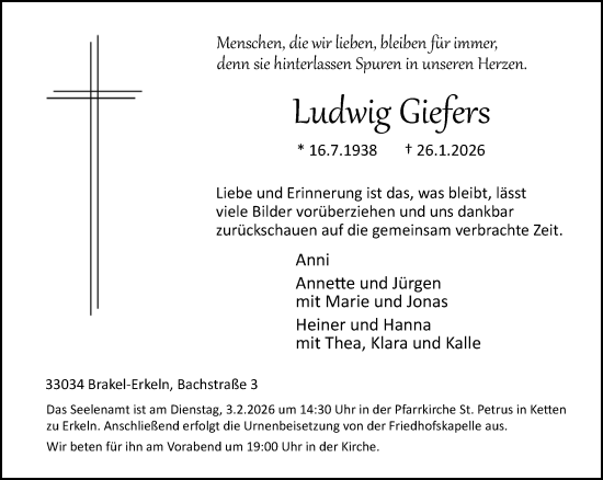 Traueranzeige von Ludwig Giefers von Neue Westfälische und Westfalen-Blatt