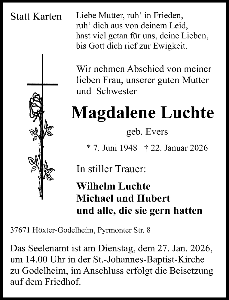  Traueranzeige für Magdalene Luchte vom 24.01.2026 aus Neue Westfälische und Westfalen-Blatt