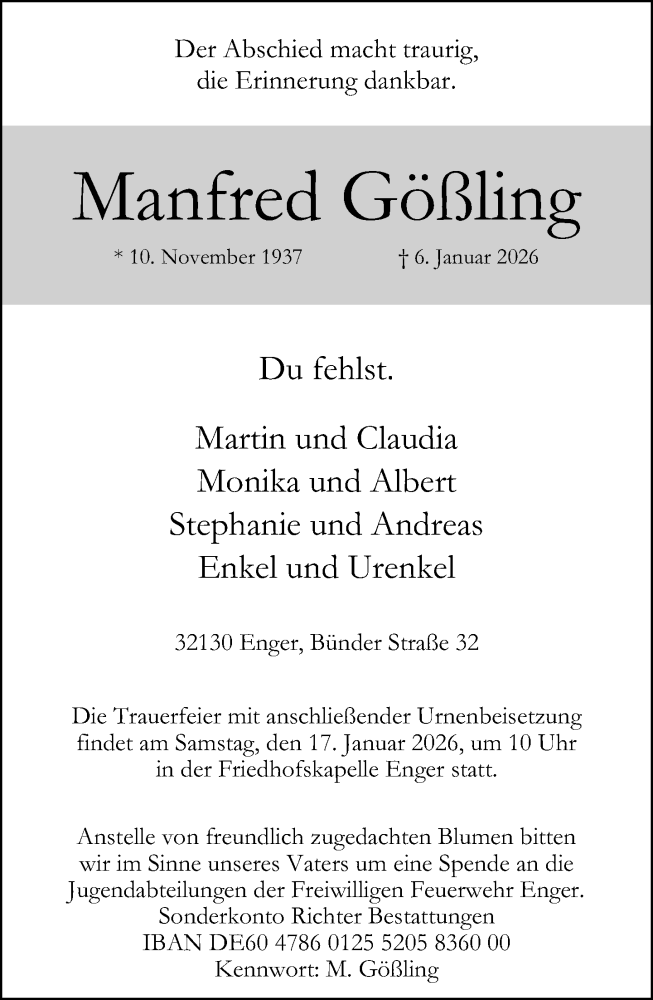  Traueranzeige für Manfred Gößling vom 10.01.2026 aus Neue Westfälische und Westfalen-Blatt