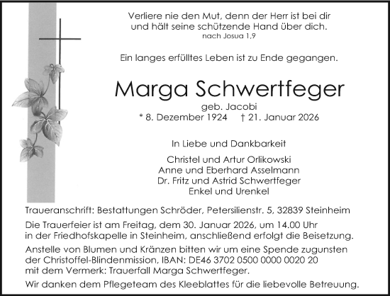 Traueranzeige von Marga Schwertfeger von Neue Westfälische und Westfalen-Blatt