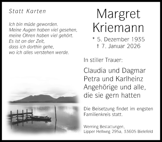 Traueranzeige von Margret Kriemann von Neue Westfälische und Westfalen-Blatt