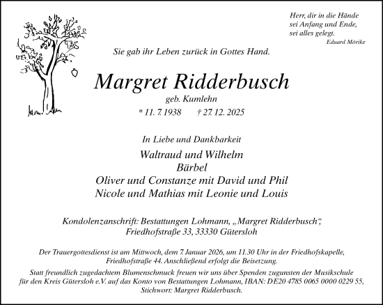 Traueranzeige von Margret Ridderbusch von Neue Westfälische und Westfalen-Blatt