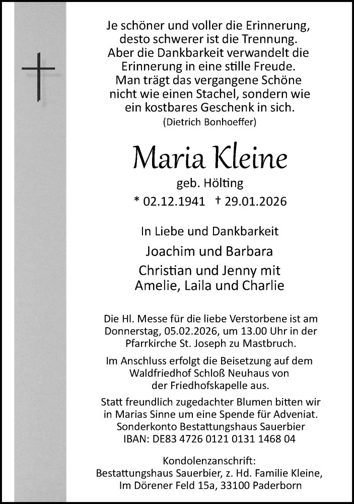  Traueranzeige für Maria Kleine vom 31.01.2026 aus Neue Westfälische und Westfalen-Blatt