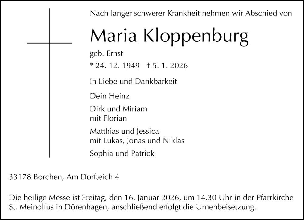  Traueranzeige für Maria Kloppenburg vom 10.01.2026 aus Neue Westfälische und Westfalen-Blatt