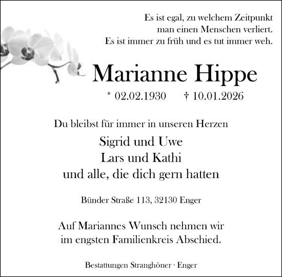 Traueranzeige von Marianne Hippe von Neue Westfälische und Westfalen-Blatt