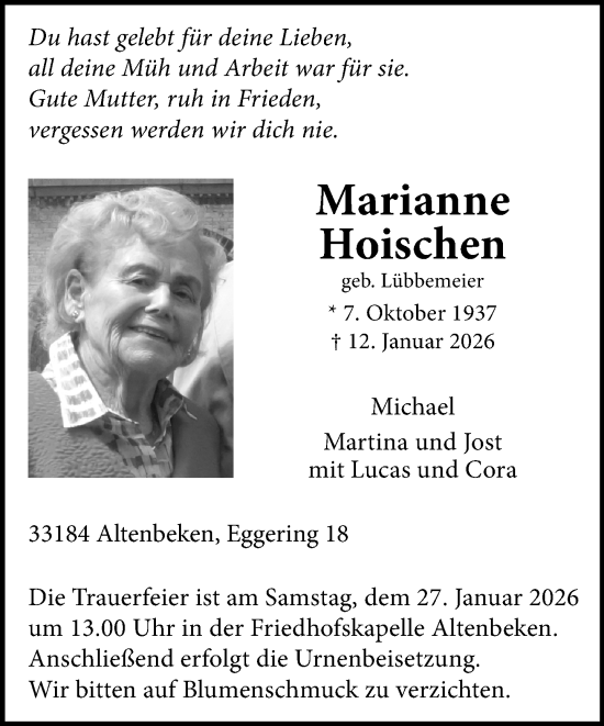 Traueranzeige von Marianne Hoischen von Neue Westfälische und Westfalen-Blatt