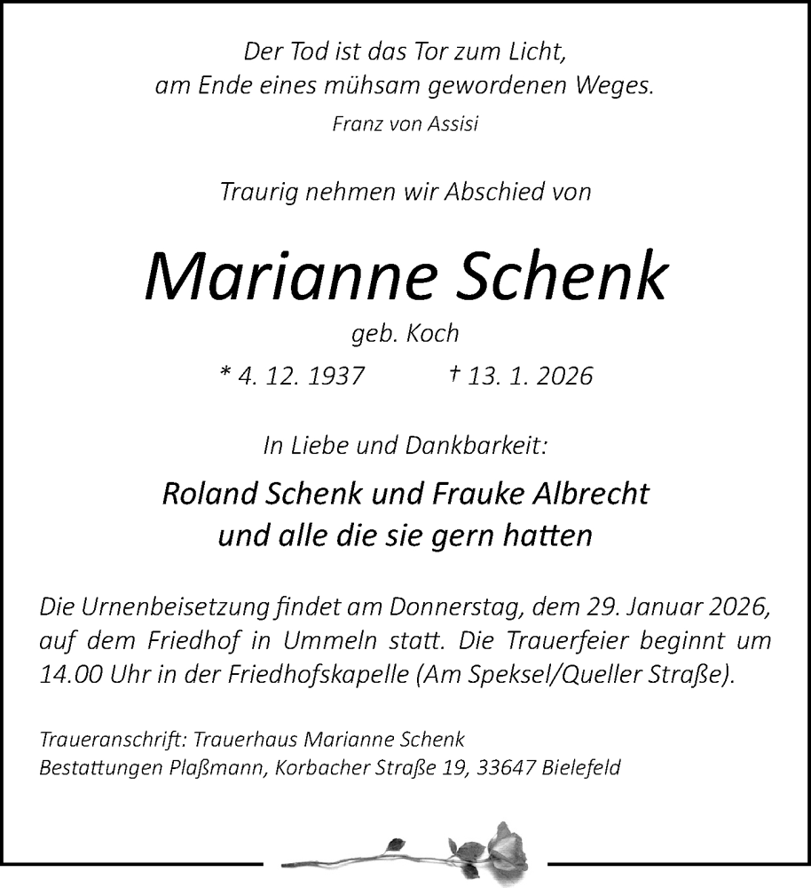  Traueranzeige für Marianne Schenk vom 24.01.2026 aus Neue Westfälische und Westfalen-Blatt
