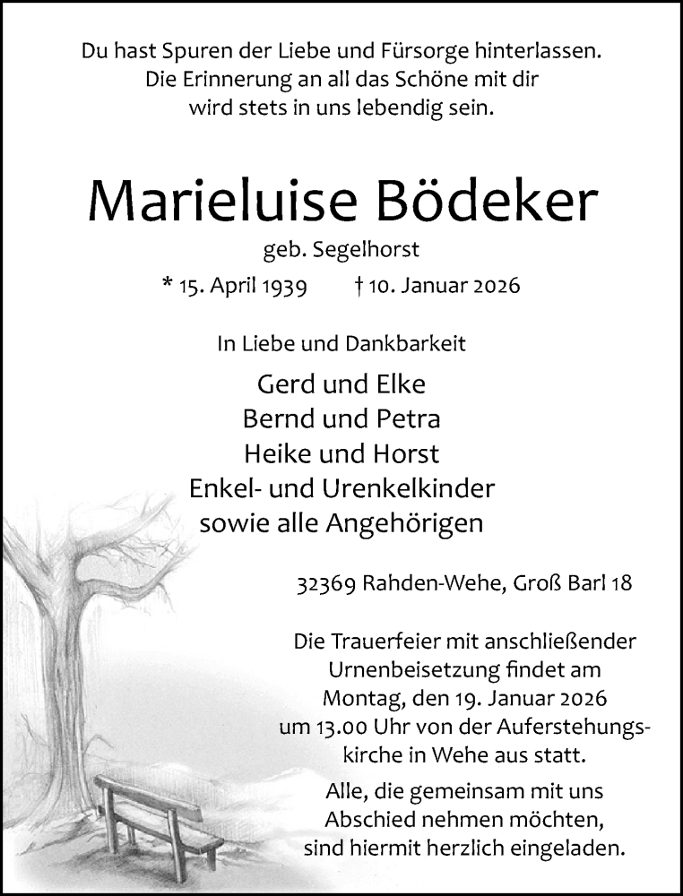  Traueranzeige für Marieluise Bödeker vom 13.01.2026 aus Neue Westfälische und Westfalen-Blatt