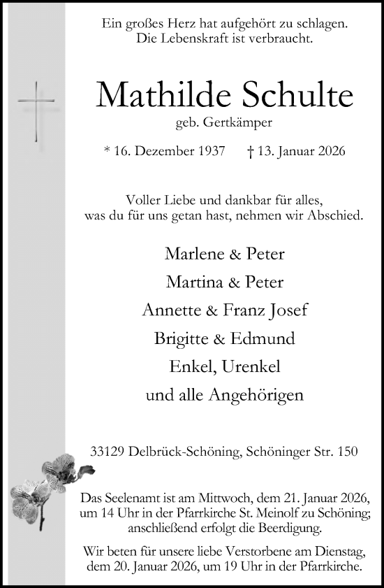 Traueranzeige von Mathilde Schulte von Neue Westfälische und Westfalen-Blatt