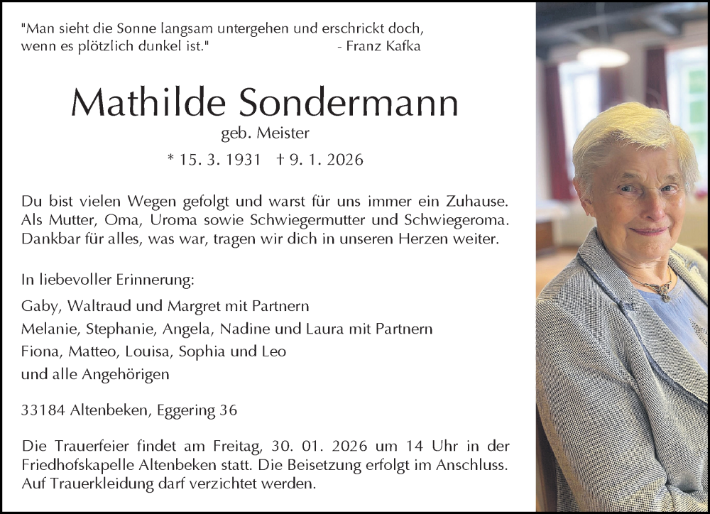  Traueranzeige für Mathilde Sondermann vom 17.01.2026 aus Neue Westfälische und Westfalen-Blatt