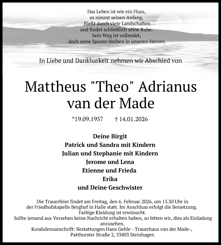  Traueranzeige für Mattheus Adrianus van der Made vom 23.01.2026 aus Neue Westfälische und Westfalen-Blatt