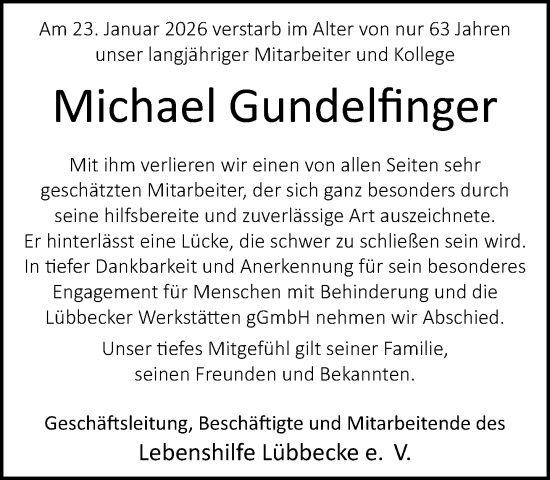 Traueranzeige von Michael Gundelfinger von Neue Westfälische und Westfalen-Blatt